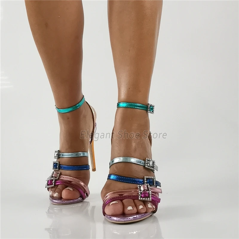 Colorful Mixed Colors High Heel Shoes Sexy Open Toe Belt Buckle Strap Women Sandals Summer Fashion Party Banquet Female Stiletto