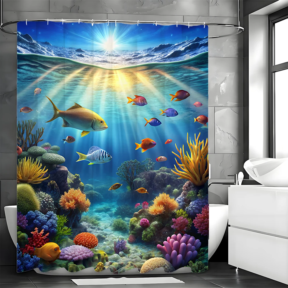 

Подводная занавеска для душа с изображением разноцветных рыбок, кораллового рифа, солнечных лучей и морских обитателей, декор для тропической ванной комнаты