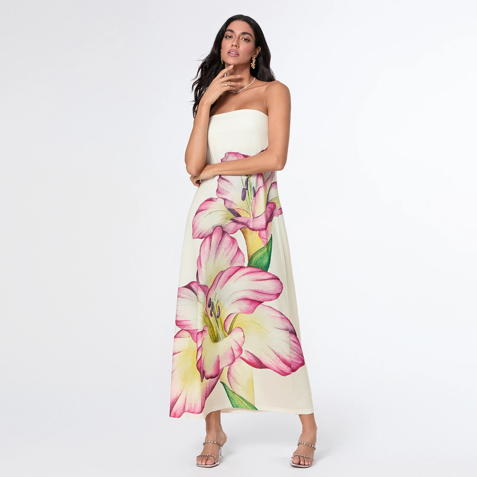 Combhasaki Women Summer Y2K Vintage Strapless Off Shoulder Aesthetic Floral Print Tube Top Backless Loose A-line Maxi Long Dress