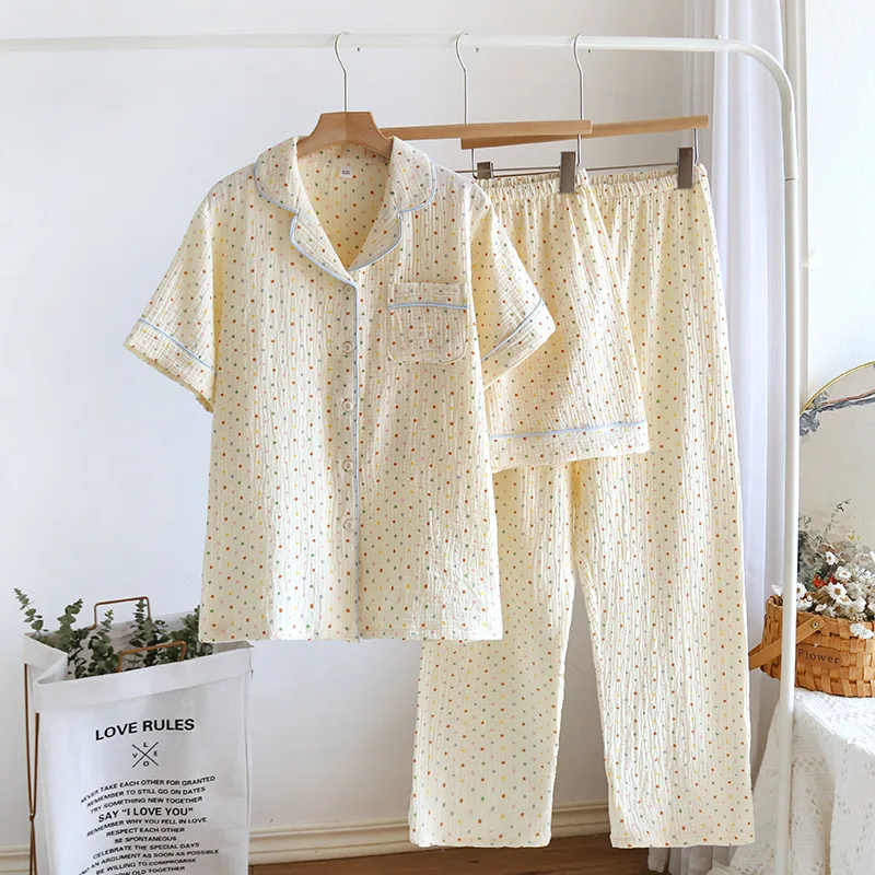 2025 New Summer Women's Pajama Set 100% Cotton Crepe Short Sleeve+Shorts+Pants 3-Piece Pajama Women's Cardigan Home Clothes