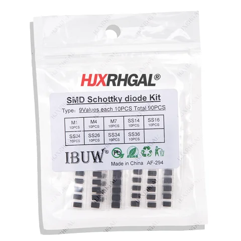 90pcs 9values x 10pcs 1N4001 1N4004 1N4007 SS14 SS24 SS34 SS16 SS26 SS36 SMD schottky diode assort kit