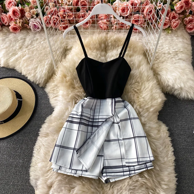 

Summer High Waist Plaid ter Dr Girls Vest Skirt orts Women's Faion Commute Sle Wide Leg Pants