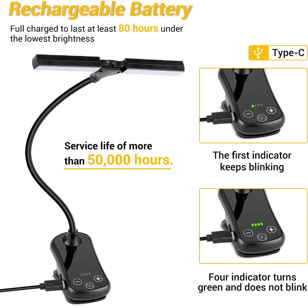 Ładowalna lampka do czytania z możliwością ładowania Regulowane podwójne głowice Lampka do czytania do pielęgnacji oczu Klips na książce / biurku