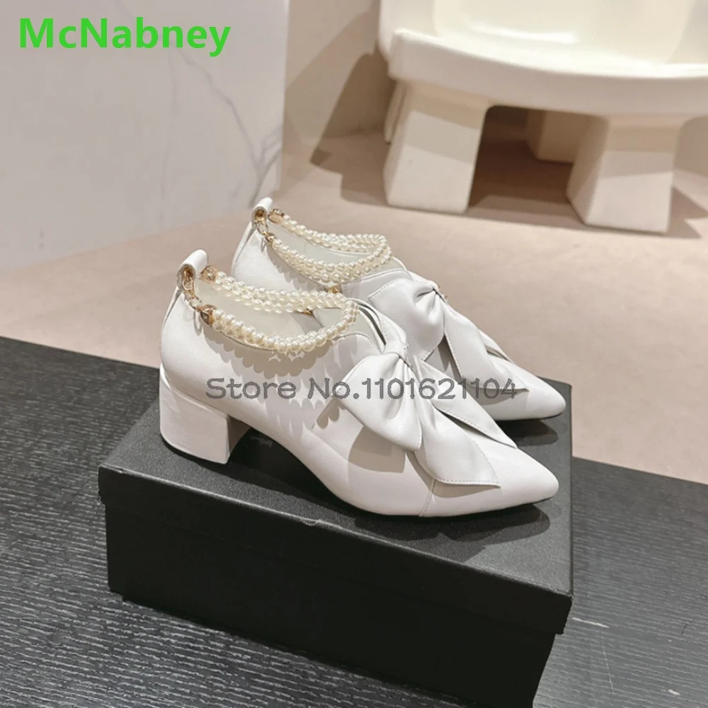 Chunky Heel Pointed Toe Luxury Boots For Female Women 2024 New Pearl Design Leather Fabric Solid Fashion Elegant All-match Shoes