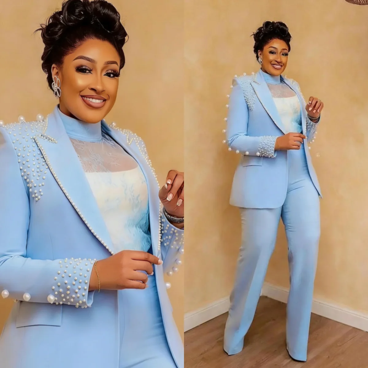 

Elegant Suits For Women 2 Pieces One Button Peaked Lapel Office Ladies Work Pearls Birthday Party Customized