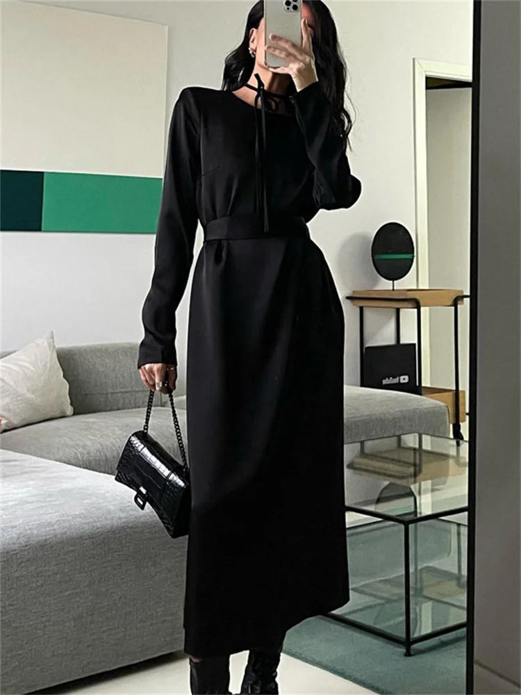 

Tossy Backless Lace-Up Slim Maxi Dress Female Black Fashion Autumn 2023 Bandage Long Sleeve Solid Elegant Patchwork Long Dress
