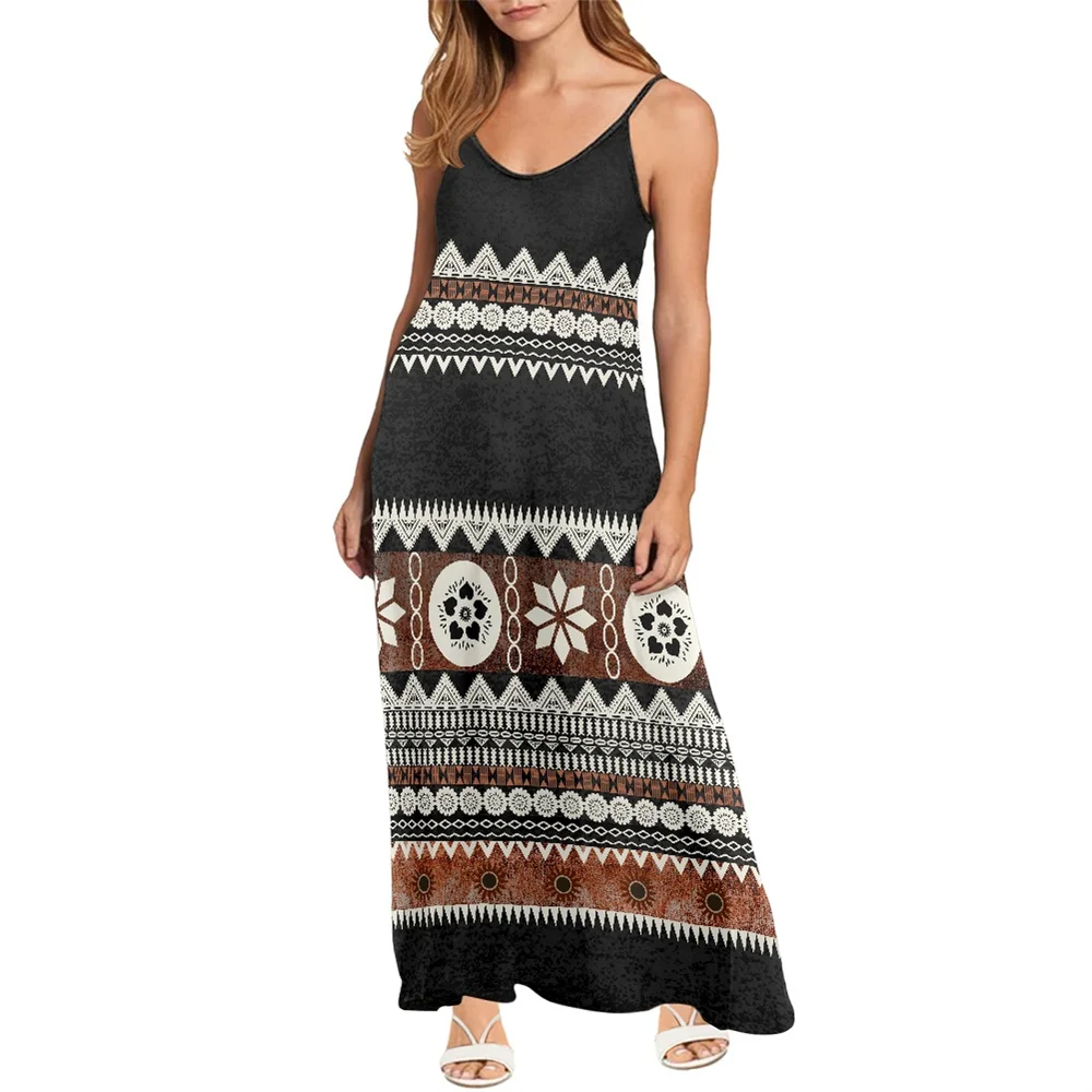 Summer Women Sleeveless Spaghetti Strap Beach Maxi stretch Casual Dresses Polynesian Tribal Fijian Tapa Print Chiffon Dress