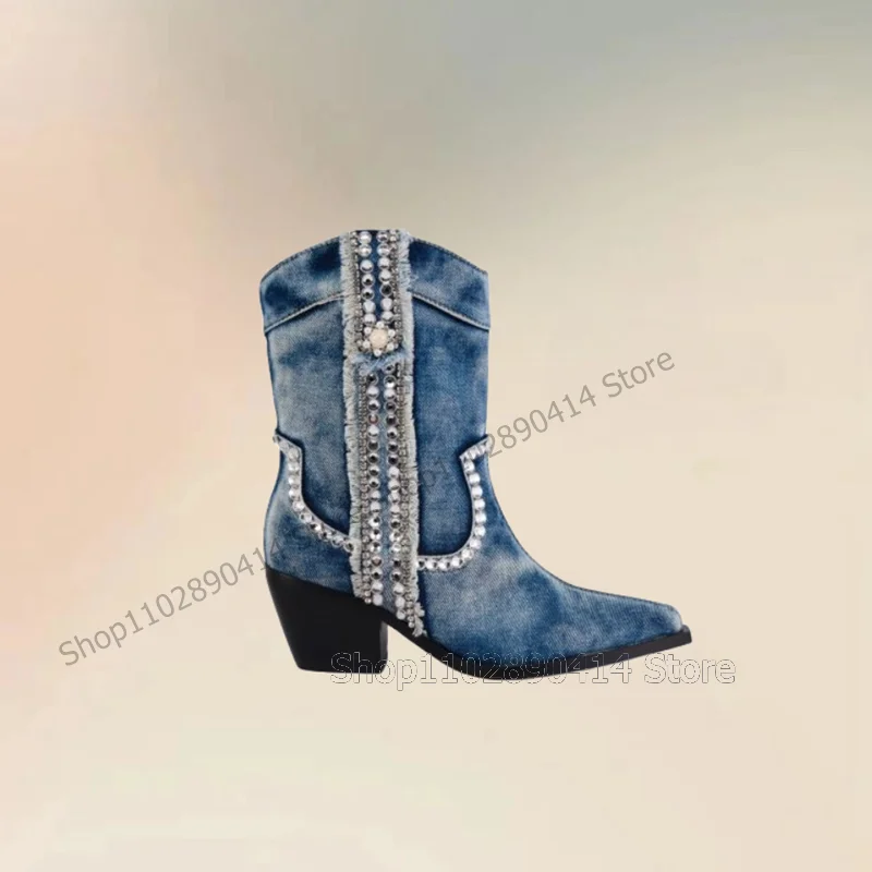 Bottes à talons hauts épais en denim bleu pour femmes, décor en biscuits, style rétro, chaussures à enfiler, Parker pointu, fête, 2024