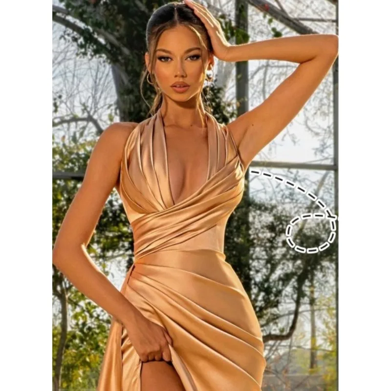 Wakuta Damen Kreuz V-Ausschnitt ärmellose Falten kleid sexy Satin Meerjungfrau Ballkleider mit Schlitz Neck holder lange Korsett formale Vestidos