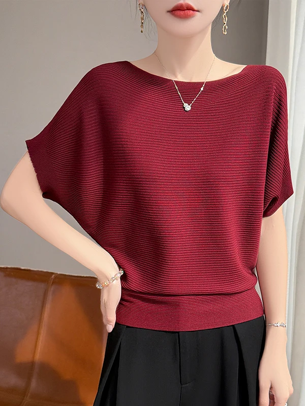 

Red Knitted Top Women's Loose Fit Summer Slimming Thin Batwing Sleeve One Shoulder Style Breathable Comfortable Ice Silk Mate...