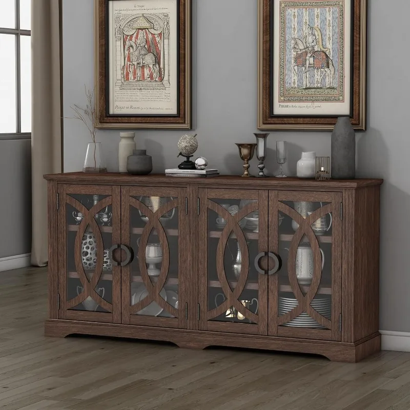 Sideboard Buffet, Farmhouse Buffet Cabinet with 4 Glass Barn Doors, Wood Sideboard Storage Cabinet for Kitchen, Dining Room,