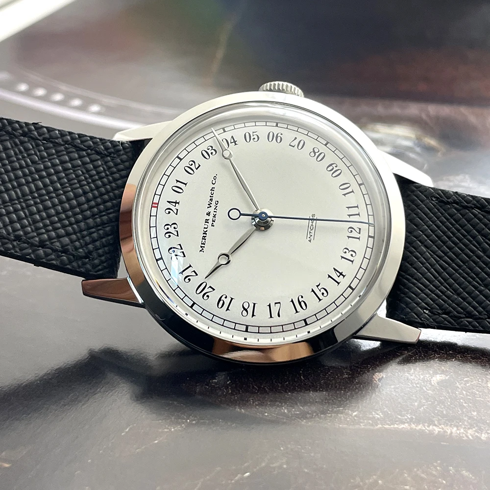 MERKUR ساعة مزدوجة بيضاء 24H حافظة أرق 50 متر ساعة غواص الجلد خمر ساعة ميكانيكية أوتوماتيكية 38 مللي متر Relogio Masculino