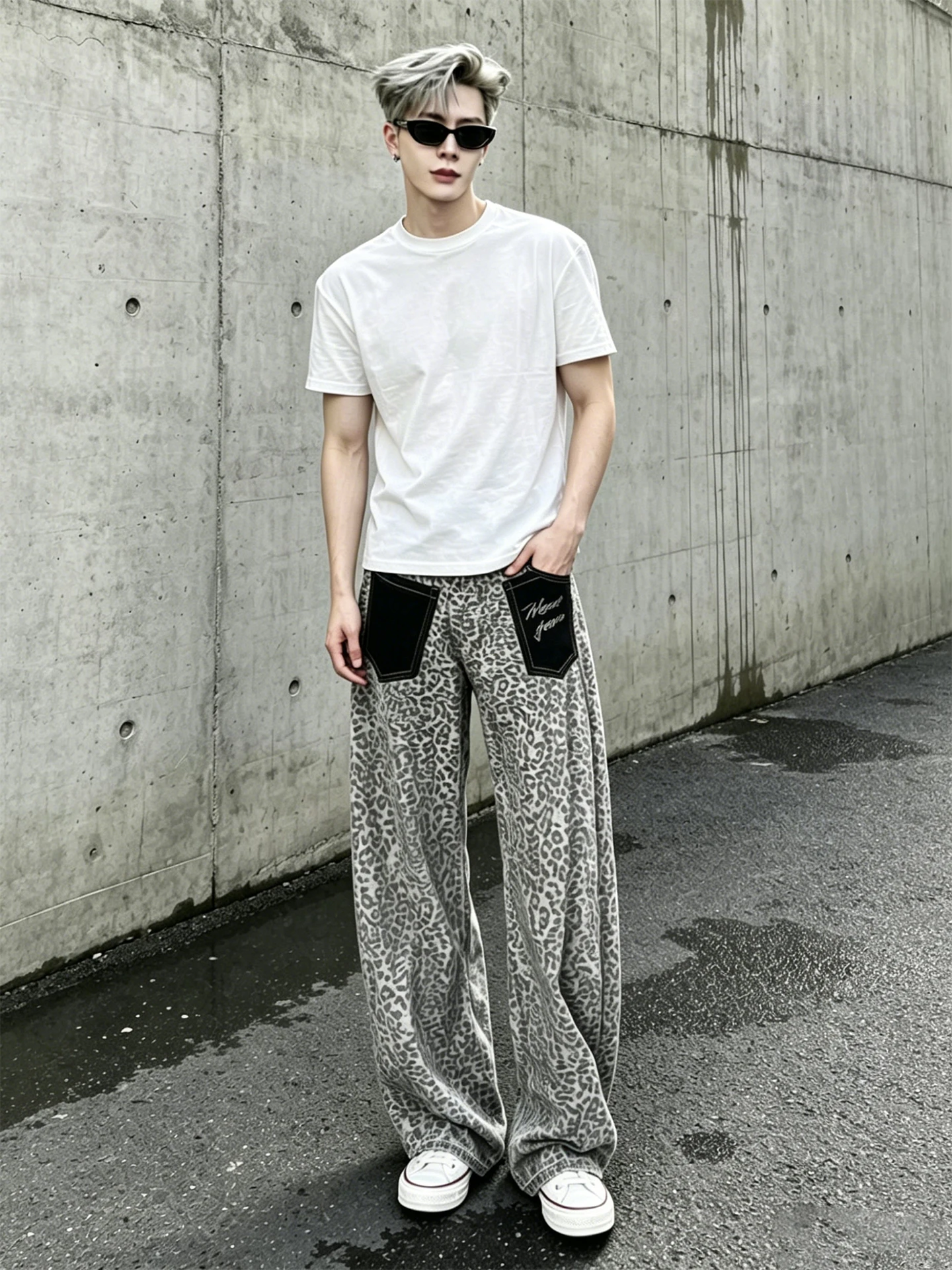 

Retro American Leopard Print Wide Leg Jeans Men's Trendy High Street Patchwork Loose Casual Pants Youth Popular Daily Wear