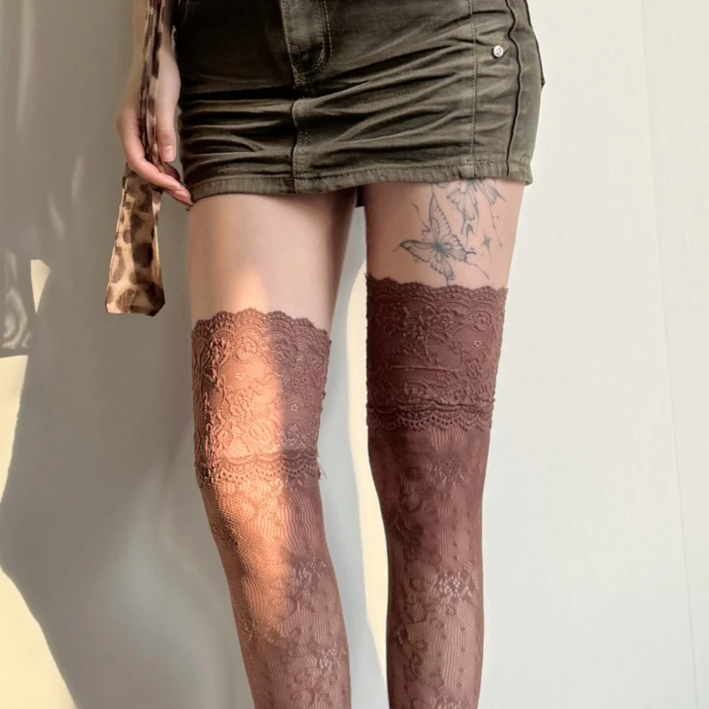 Damen Sexy Spitze Blumen Netzstrümpfe Kostüme JK Lolita Oberschenkelhohe Socken Nylon Mesh Atmungsaktive Overknee-Strümpfe