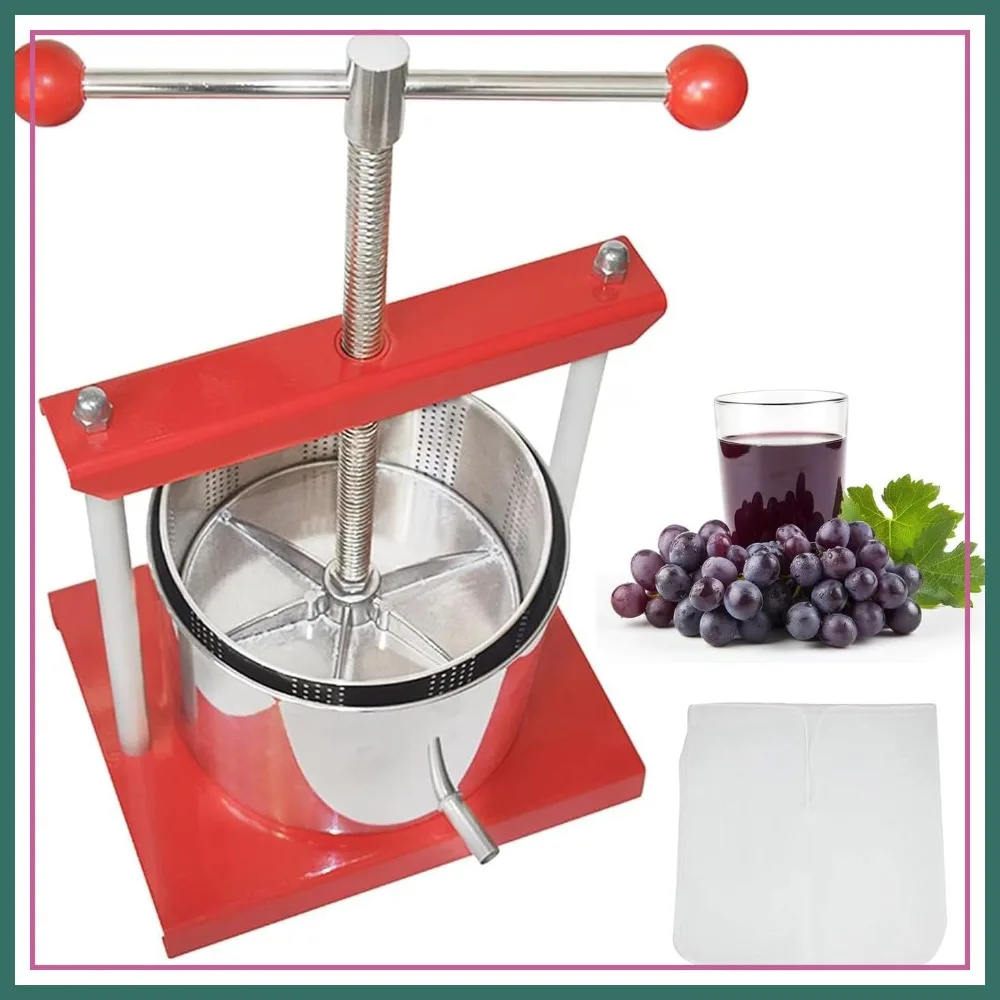 Prensa Manual para Vino de Frutas de 1.6 Galones/6 Litros con Mango de Bola - Acero Inoxidable y Hierro para Jugo, Sidra, Aceite de Oliva