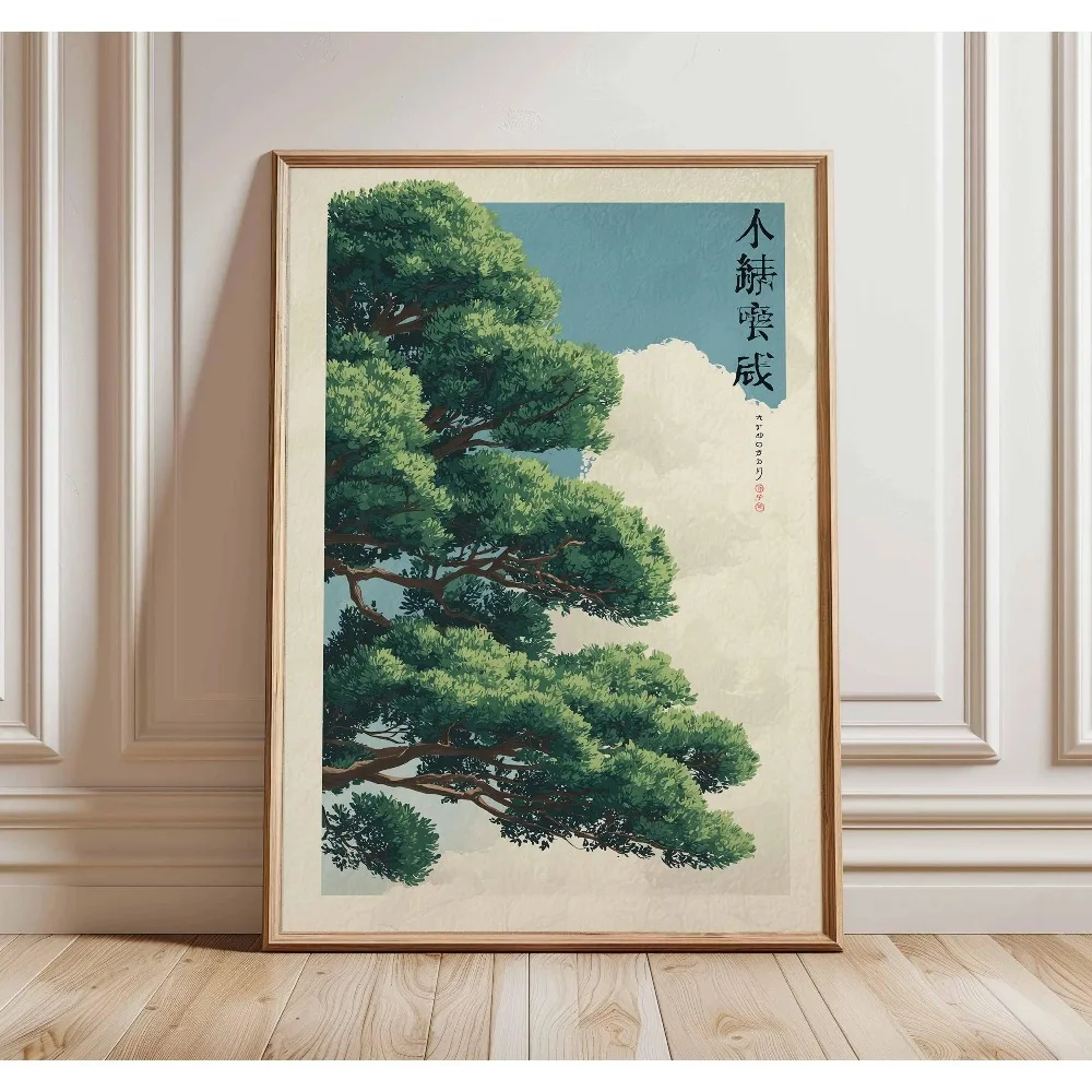 1 Frameless Japanese Tree Poster,Retro Landscape Painting,Natural Wall Art Print,Peaceful Landscape Art,Spring Flower Decoration view 3