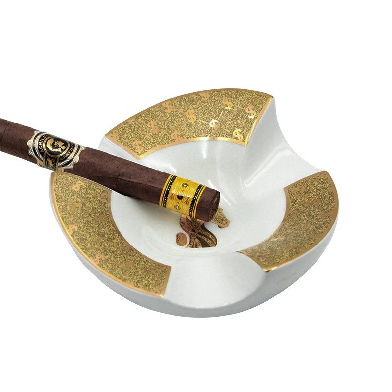 Elegant Exquisite 3 Slots Ceramic Cigar Ashtray Fashion Creative Golden Edge Luxury Desktop Cigar Ash Tray Smoking Accessory