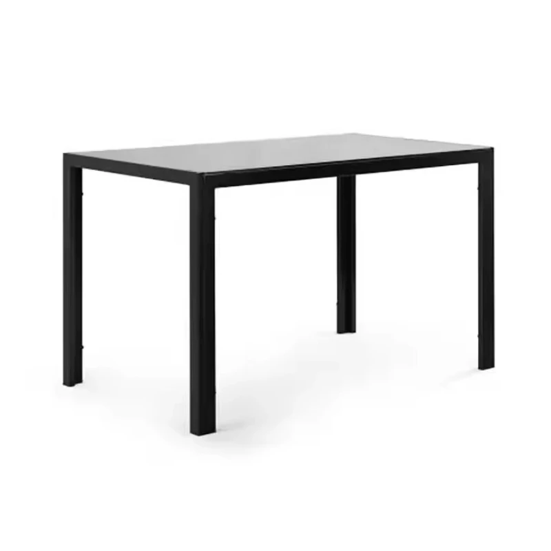 

Kitchen table set with a glass top table and 6 black leather chairs