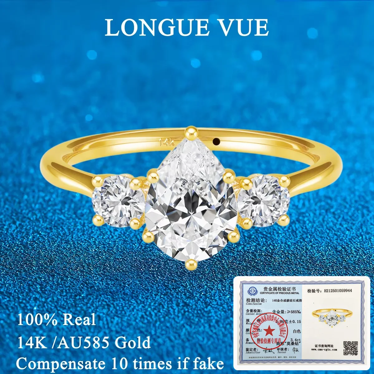 14K Gold 3CT Pear Cut Moissanite Rings for Women AU585 Yellow Gold Three Stone Wedding Band Luxury Anniversary Custom Jewelry
