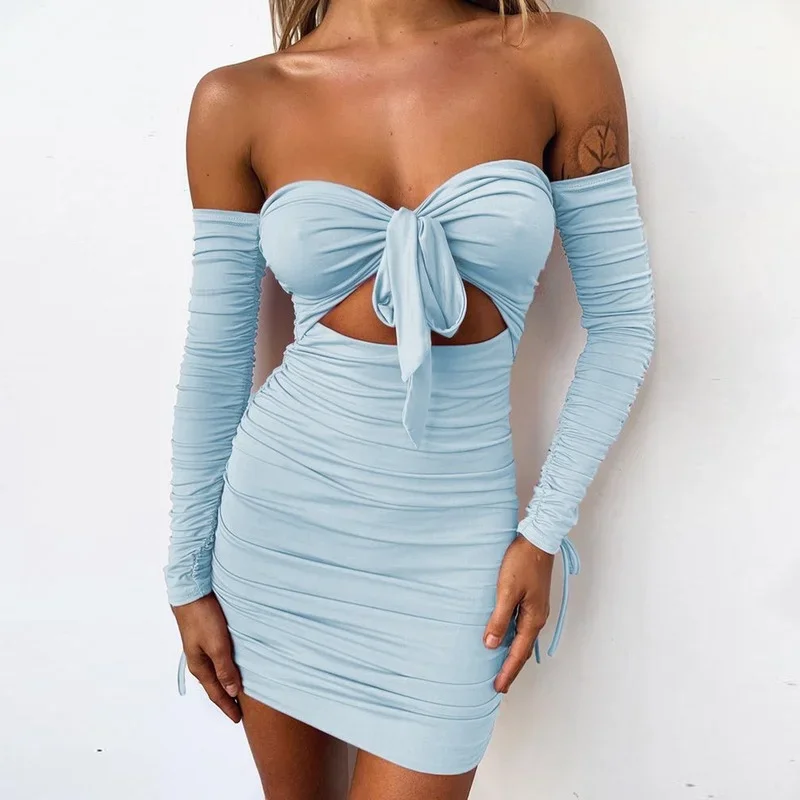 

2023 Autumn Fashion Sexy Breast-wrapped Dress Female One-word Collar Long-sleeved Tie Folds Hip Skirt New Women's Short Skirt