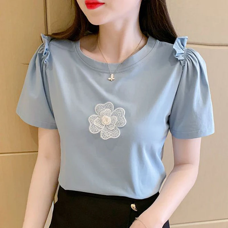 Women Korean Style Ruffle 3D Fllower Sweet Y2K Cotton T Shirt Summer Casual Chic Short Sleeve Solid Tops Ropa De Mujer Camisetas