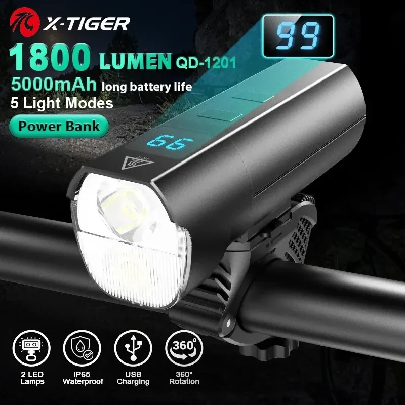 X-TIGER Bike Light USB Rechargeable 5000mAH Battery 1800 Lumens Handlebar Front Lamp Cycling Flashlight Safety Powerful Lights