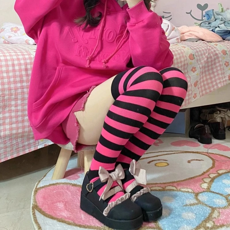 

Женские чулки, разноцветные полосатые носки до бедра в стиле Лолиты, чулки, нижнее белье Y2k, гольфы для девочек, чулки до бедра