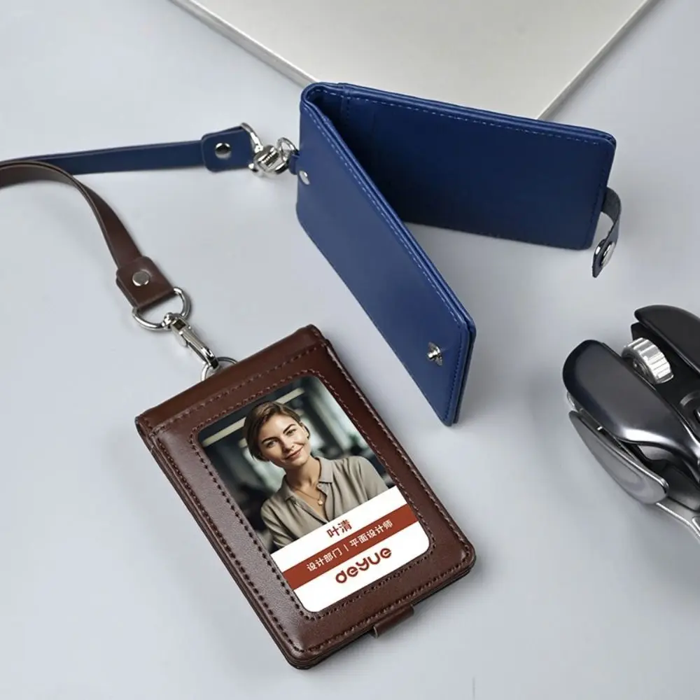 

Leather ID Tag Badge Holder Protective with Lanyard Employee Pass Work Card Case Buckle Photocard Flip Chest Card Bag