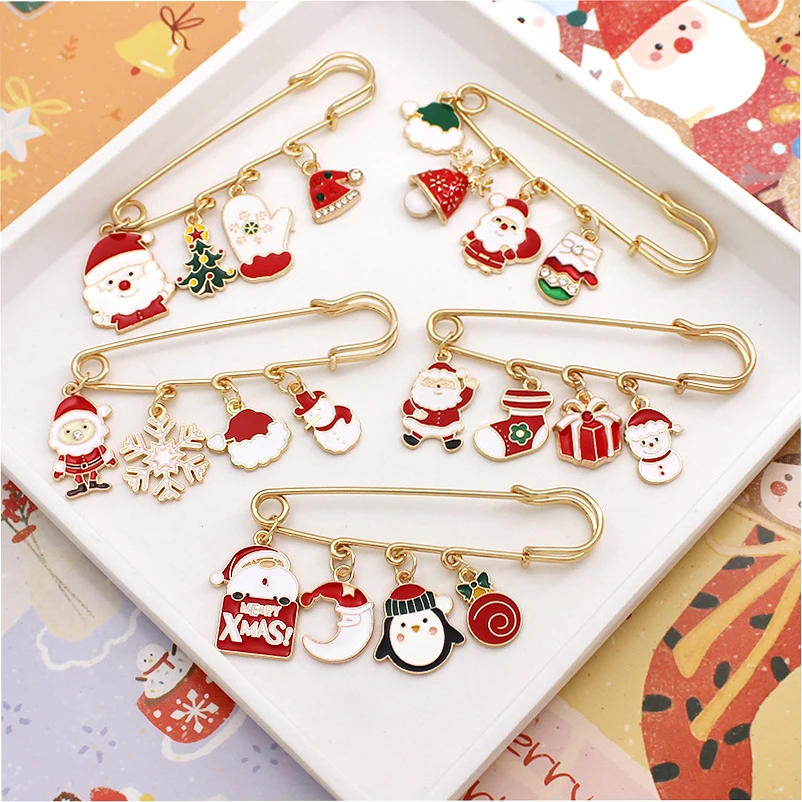 Cartoon Santa Claus Snowman Metal Pins Badge Clothing Accessories Bag Pendant Safety Pins Brooches Christmas Jewelry Gift