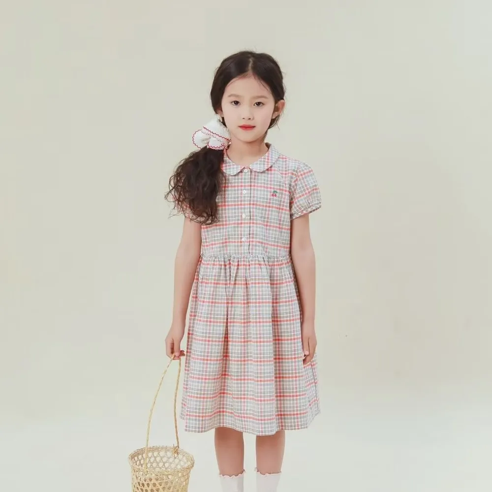 

French style kids girls clothes checkered pattern college style girls' dress Cherry patterned embroidered Peter Pan collar dress