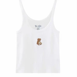 Sweet Women White Tank Top 2024 Fashion Summer  Ladies Camisole Vest Vintage Female Slim-fit Embroidered Bear Crop Top