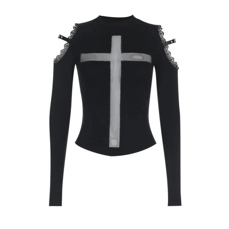 Europe et états-unis printemps nouveau vent foncé fille chaude sexy Joker croix semi-perspective blouse à manches longues femme