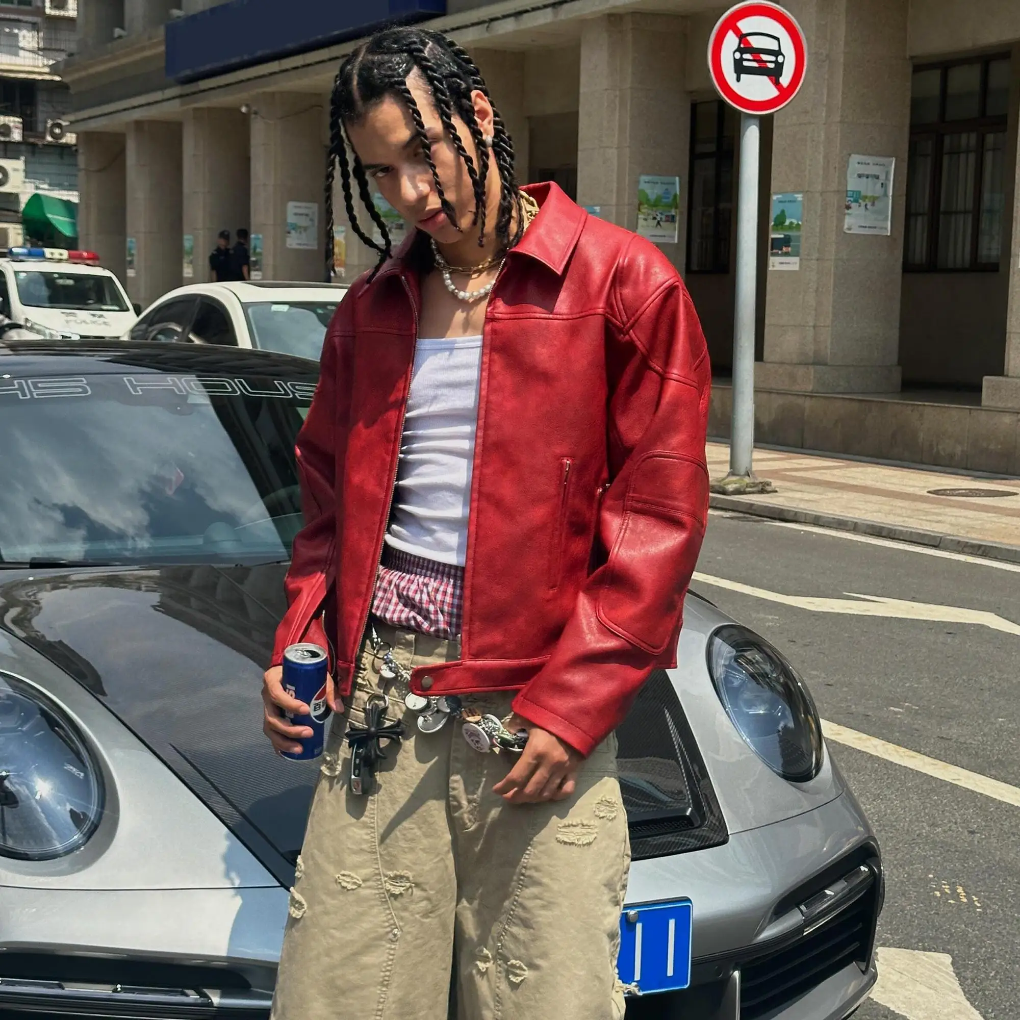 Ruffian Handsome Niche 2026 Pu Leather Zipper Cardigan Red Short and Wide Lapel Jacket Leather Red Jacket Trend Streetwear Coat
