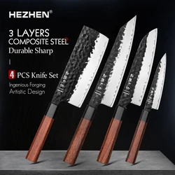 HEZHEN 1-4PC Kitchen Knife Set Slicing Stainless Steel Composite Steel Chef Santoku Nakiri Utility Red Wood Handle Gift Box