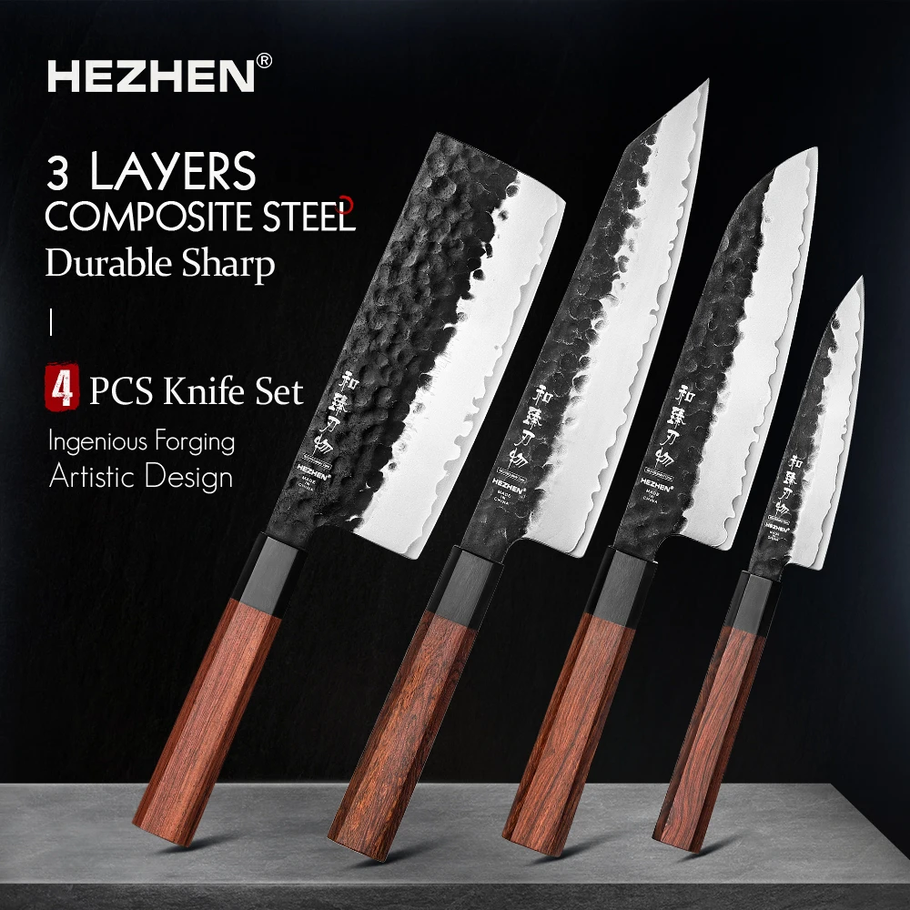 HEZHEN 1-4PC zestaw noży kuchennych do krojenia ze stali kompozytowej ze stali nierdzewnej szef kuchni Santoku Nakiri Utility czerwony drewniany uchwyt pudełko