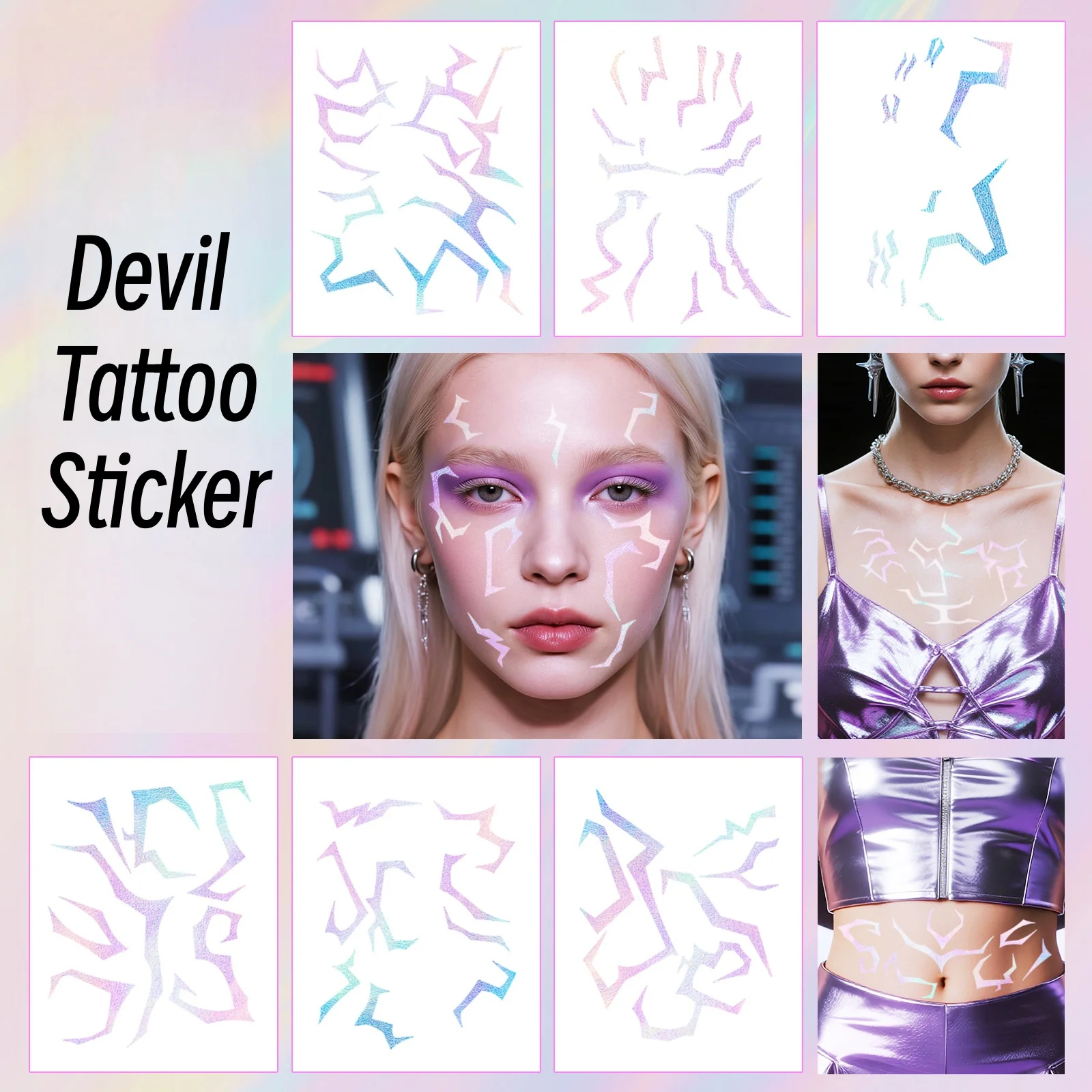 

5pcs New Hot Laser Demon Hunter Makeup Stickers for Halloween Party, Lightning Face Tattoo Stickers