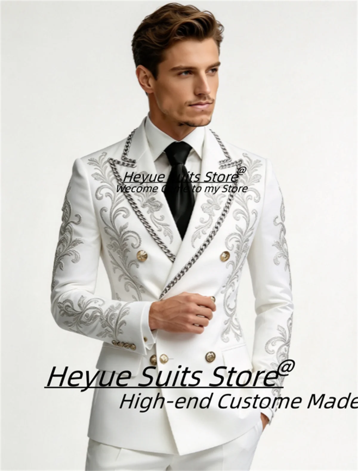 Luxurious White Men Suits Customized Shiny Silver Floral Embroidery Chain Trim Groom Wedding Tuxedos 2 Pieces Sets Ropa Hombre