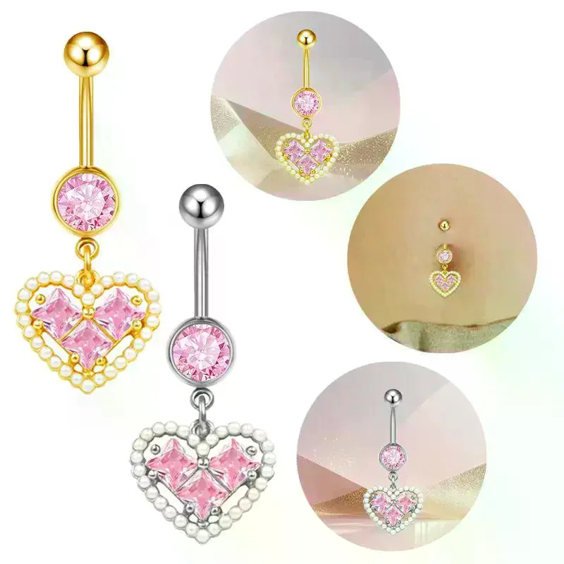 Fashion Heart Belly Button Ring Piercing Women Pink Stainless Steel Butterfly Navel Belly Button Rings Body Piercing Jewelry