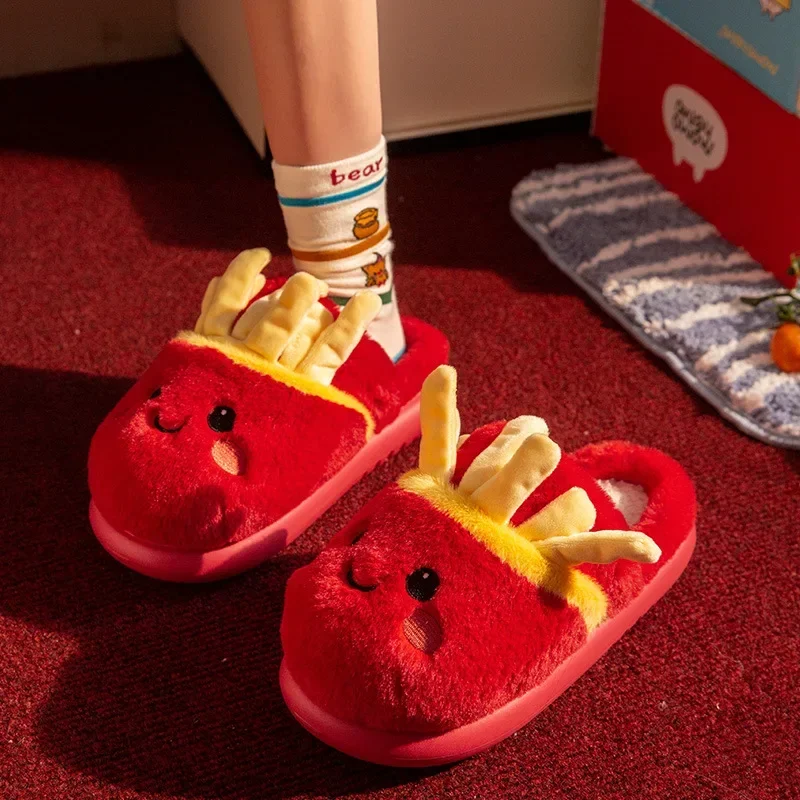 

Hot French Fries Cotton Slippers Women Men Autumn Winter Home Floor Shoes Cute Cartoon Warm Faux Fur Couples House Fluffy Slides