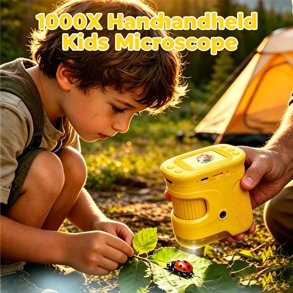 Microscope portable pour enfants 1000x, 8 LED, jouet éducatif scientifique, écran 2 pouces, microscope de poche, cadeau de Noël ou d'anniversaire pour enfants