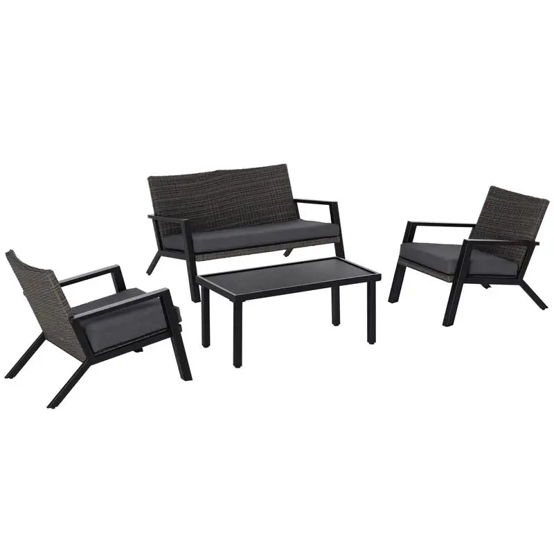 

Outsunny 4 Piece Patio Furniture Set, 2 PE Wicker Chairs, Loveseat Sofa, Outdoor Coffee Table, Soft Cushions, Couch & Armchairs for Backyard, Garden, Black