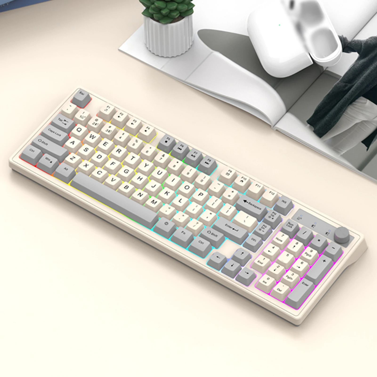 

98Keys 2.4G Wireless BT Keyboard Mechanical Keyboard with Backlit Rechargeable Keyboard with Volume Control Knob for Computer/PC