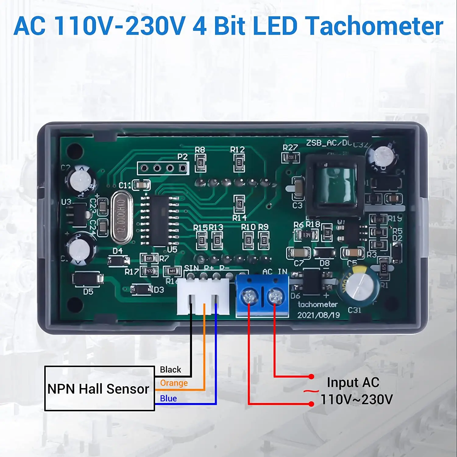 디지털 LED 타코미터 RPM 속도계 AC 110V 220V 4Bit 모터 타코미터, 홀 근접 스위치 센서 포함 선반 용 NPN