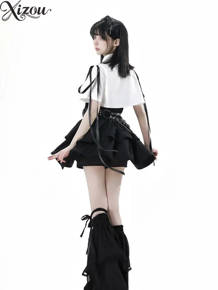 ชุดลําลองผอมวัฒนธรรมย่อยสาวเสื้อแขนสั้นกระโปรงสั้นชุดแฟชั่น Y2k สไตล์ 2 ชิ้นชุดสตรี Outfits