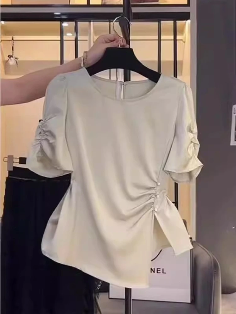 

French Elegant Shirts Solid Color Pleated Forked Design O Neck Short Sleeve Blouses Summer Female Slim All Match Women Clothing