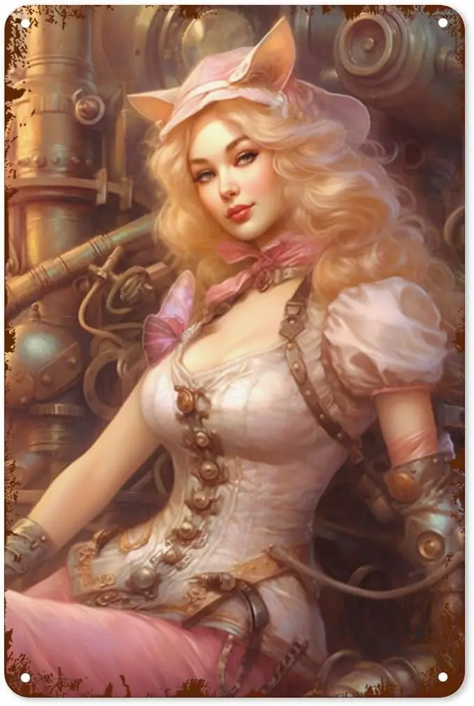 Steampunk Cat Girls Metal Tin Sign Vintage Pinup Girls Tin Sign Wall Decor Art for Nostalgic Vibes Home Garage Bar Cafe 8x12 Inc