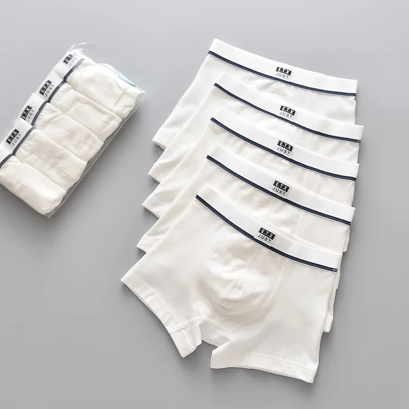 5PC Boys Underwear Pure White Color Short Boxers Teenage School Boys Panties Breathable Underpants