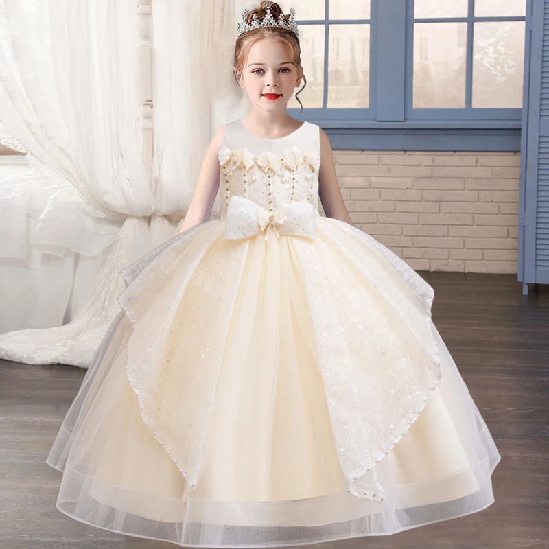 New Children\'s Dress Flower Birthday Party Girl Princess Dress Bubble Sleeves Lace Christmas Party Girl Formal Evening Dress