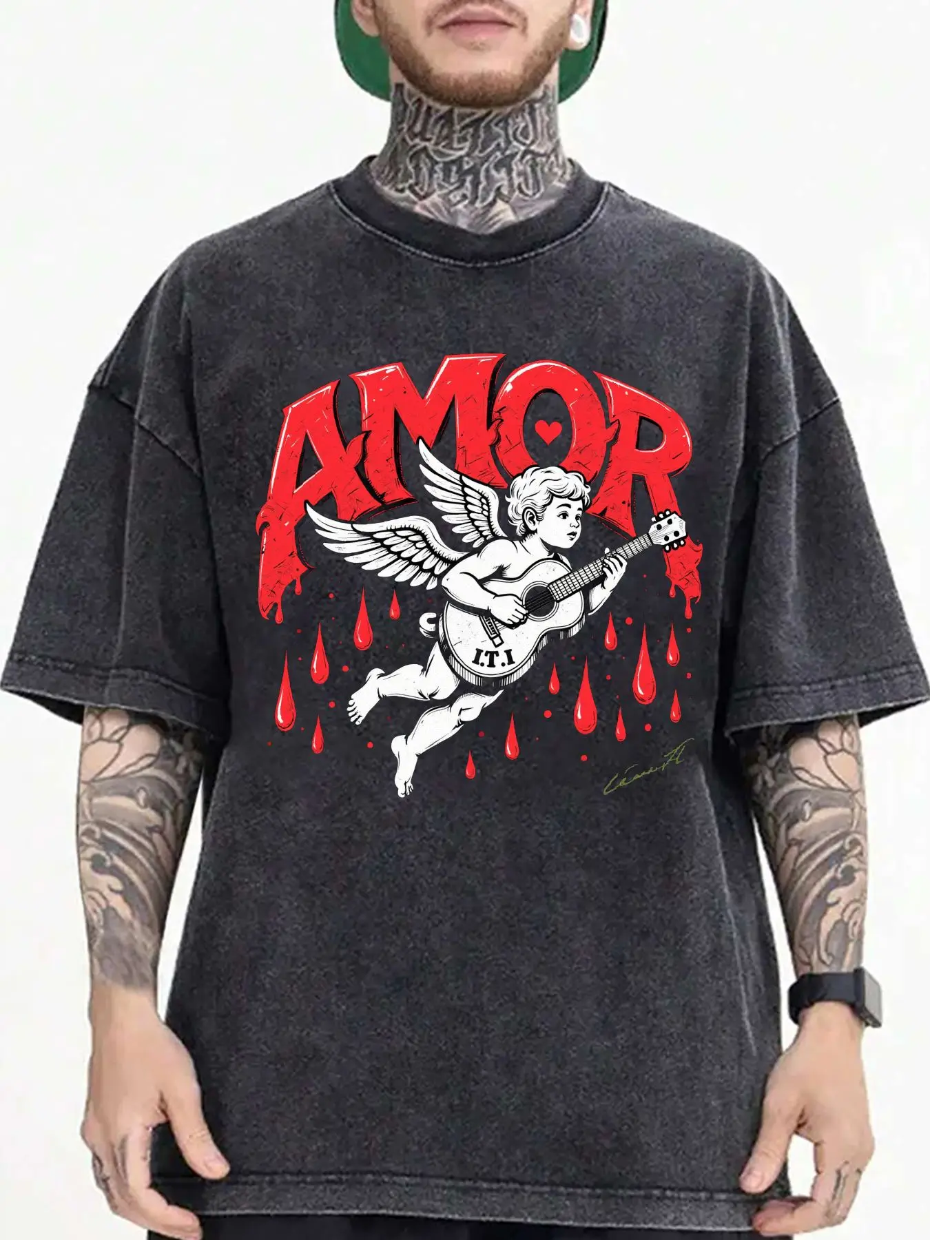 Men's and Women's Vintage Gothic Love and Punk Graphic T-Shirt - Oversized Pure Black T-Shirt with Striking Red Amor and Cupid Angel Print, Soft and Breathable Y2K Grunge Street Style, Loose Fit Unisex Casual Shirt, Suitable for Concerts and Everyday Wear, Washed Black Fabric, Round Neck Short Sleeves, Machine Washable, Suitable for All Seasons, Vintage Aesthetic Cupid Playing Guitar Design, T-Shirt