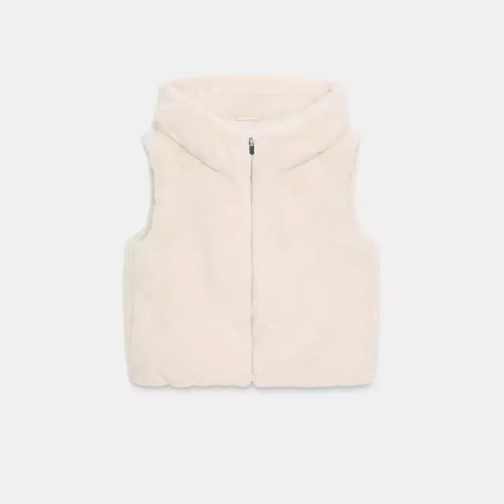 Nowa damska modna kamizelka z kapturem imitująca futro 2025 638800 Uniwersalna, zapinana na zamek błyskawiczny, kolor oryginalny De...